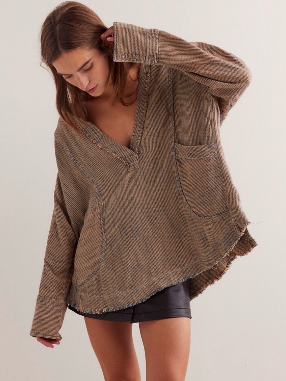 Free People We The Free By The Shore Slouchy Shirt Deep V-Neck Railroad Stripes